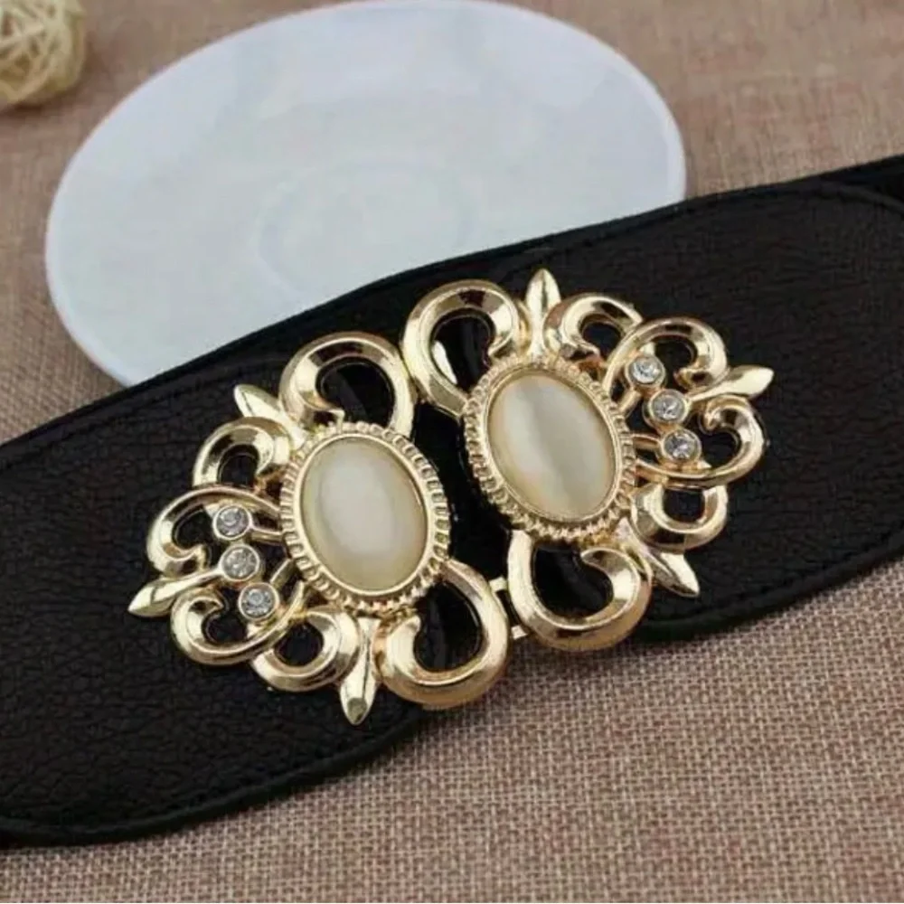 Golden‎ Double Buckle Black Waspie Belt Stretchy Elastic Accentuating Waist Band